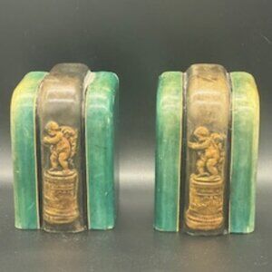 Pair of Italian Leather Clad Figural Cherub Bookends, Circa 1930